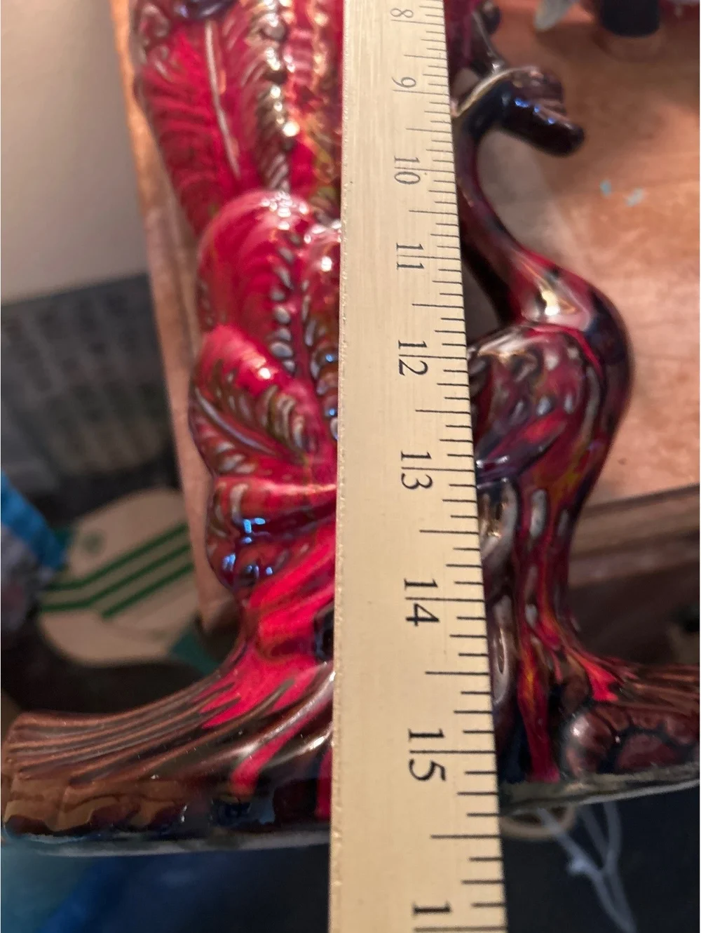 Vintage Red Ceramic Peacock Vase Figurine